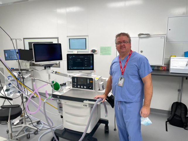 Andi Richardson, Anaesthesia & Ventilation Product Specialist from Mindray with one of the A9 systems at Castle Hill Hospital